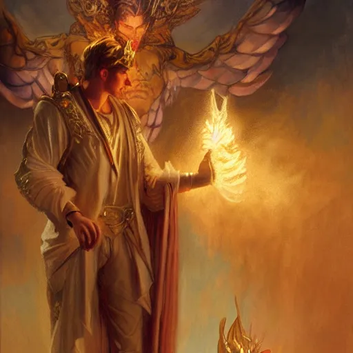 Image similar to attractive male deity casts light spell, summons attractive male lucifer morningstar. highly detailed painting by gaston bussiere, craig mullins, j. c. leyendecker 8 k