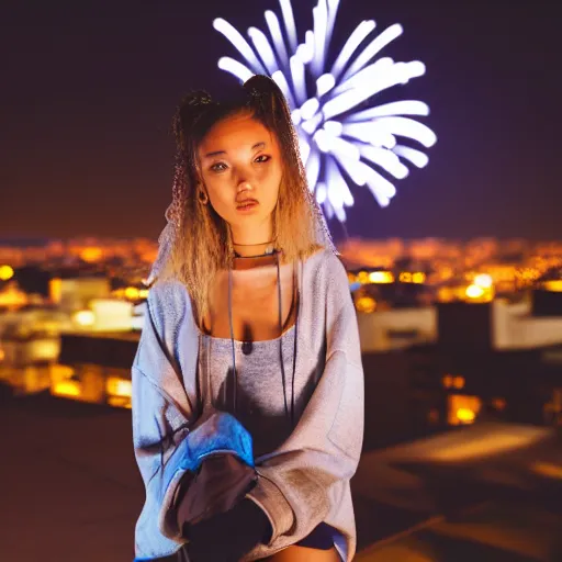 Image similar to photographic portrait of a streetwear woman, closeup, on the rooftop of a futuristic city overlooking a desert oasis at night, fireworks light up the night sky, sigma 85mm f/1.4, 4k, depth of field, high resolution, 4k, 8k, hd, full color