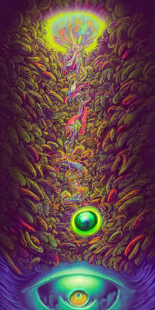 Image similar to An extremely psychedelic abstract illustration of rick griffin flying eyeball, colorful, surreal, dramatic lighting, magic mushrooms, psilocybin, LSD, detailed, intricate, elegant, highly detailed, digital painting, artstation, concept art, smooth, sharp focus, illustration, art by Krenz Cushart, greg rutkowski and zdzislaw beksinski and alphonse mucha, unreal engine 5 render, 8k