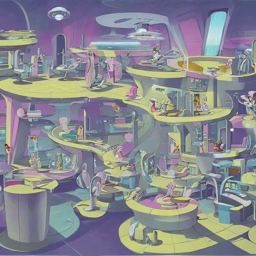 Image similar to concept art of jetsons cartoon scenario of a futuristic hair salon, painted by tim white