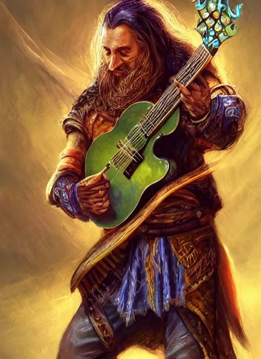 Prompt: bard holding a guitar, ultra detailed fantasy, dndbeyond, bright, colourful, realistic, dnd character portrait, full body, pathfinder, pinterest, art by ralph horsley, dnd, rpg, lotr game design fanart by concept art, behance hd, artstation, deviantart, hdr render in unreal engine 5