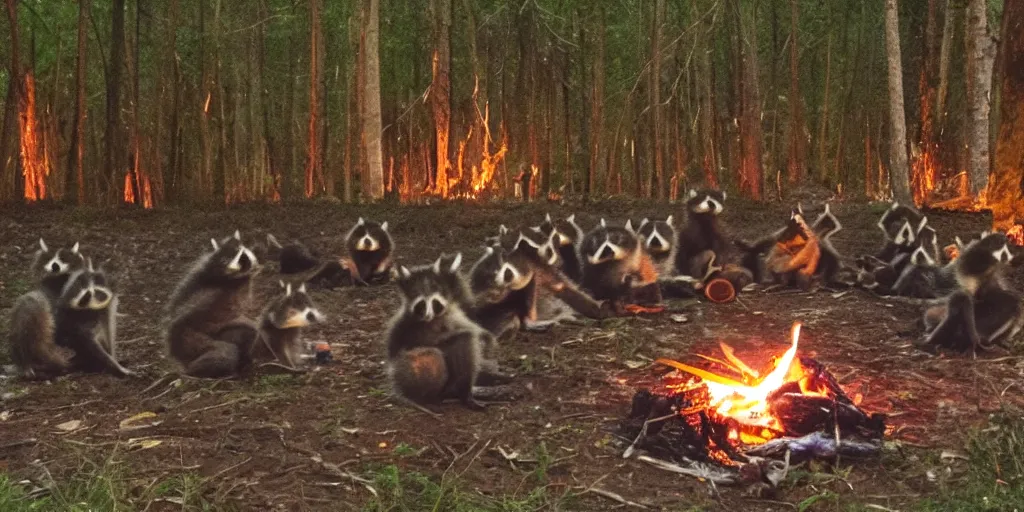 Image similar to a group of racoons sitting around a campfire in the middle of the forest, surrounded by fireflies. photograph