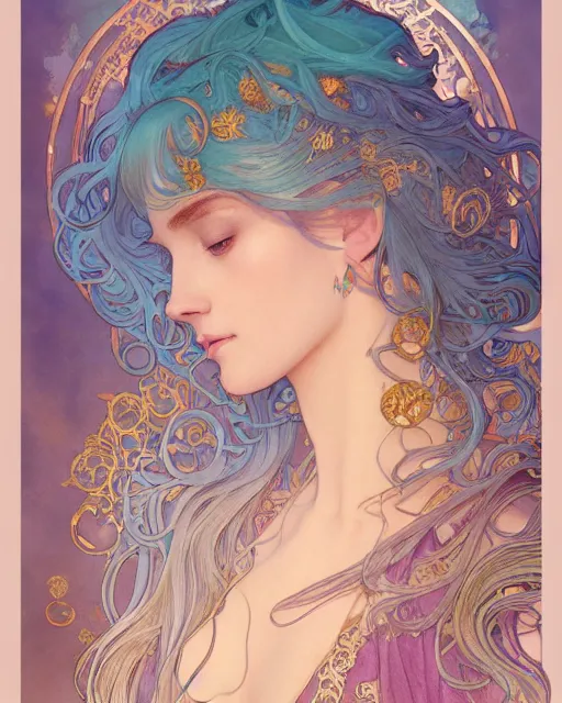 Prompt: an ethereal goddess with turquoise hair | highly detailed | very intricate | art nouveau | gold filigree | romantic storybook fantasy | soft cinematic lighting | award - winning | disney concept art watercolor illustration by mandy jurgens and alphonse mucha and alena aenami | pastel color palette | featured on artstation