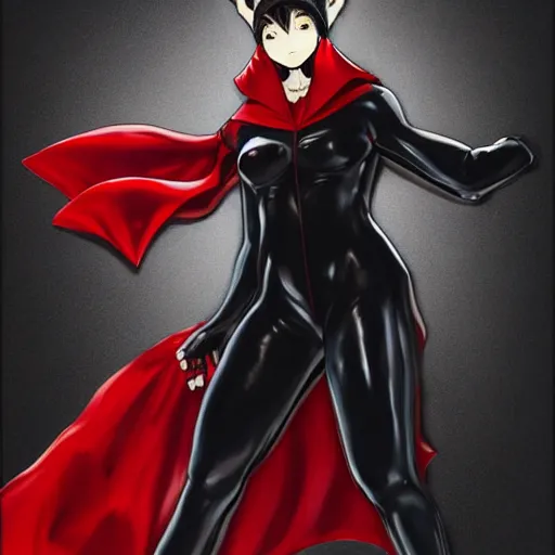 Image similar to little boy with cat ears in an black latex suit with red cape. digital artwork made by lois van baarle and kentaro miura, sharpness focus, inspired by hirohiko araki, anatomically correct, heroic composition, hero pose