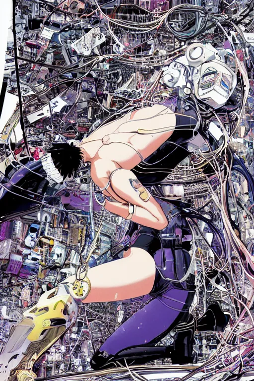 Prompt: motoko kusanagi kneeling on a white in style of masamune shirow, empty floor, with a mess of wires and cables coming out of her head and backside, by Yukito Kishiro and katsuhiro otomo, illustration, cyberpunk, hyper-detailed, colorful, complex, intricate, masterpiece, epic