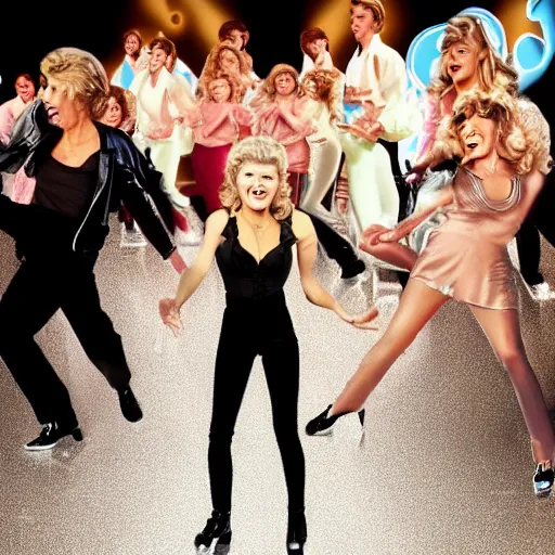 Image similar to Sandy (Grease) tribute photo, Olivia Newton John, soft lights, stardust, 8k