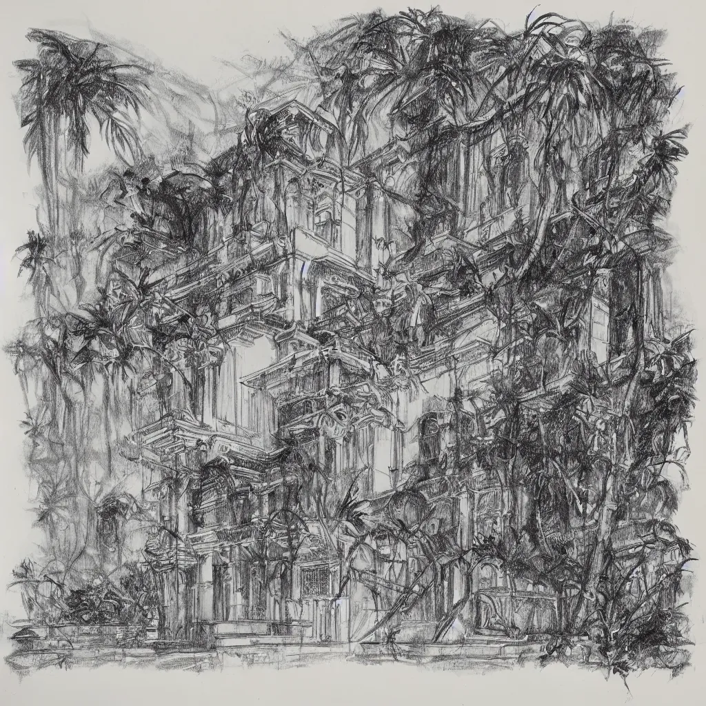 Image similar to vintage architectural drawing black and white sketch on yellowed paper. the sketch depicts an alien temple in a jungle