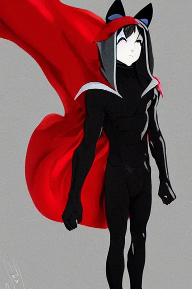 Image similar to little boy with cat ears in an black outfit with red cape. digital artwork made by lois van baarle and james jean and marc simonetti, sharpness focus, inspired by hirohiko araki, anatomically correct, heroic composition, hero pose, smooth