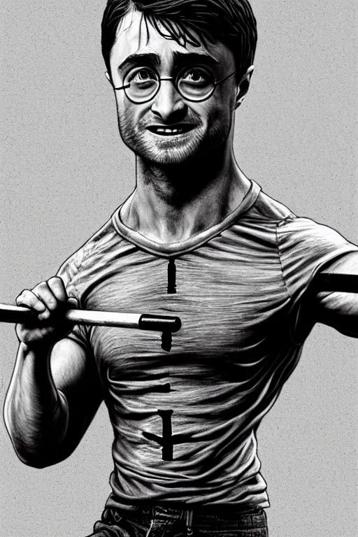 Image similar to highly detailed rendering of Daniel Radcliffe as Harry Potter doing barbell back squats, dingy workout gym, wearing a muscle tee shirt, muscular deep squats, symmetrical, highly detailed, digital painting, artstation, concept art, smooth, sharp focus, illustration, cinematic lighting, art by artgerm and greg rutkowski and alphonse mucha