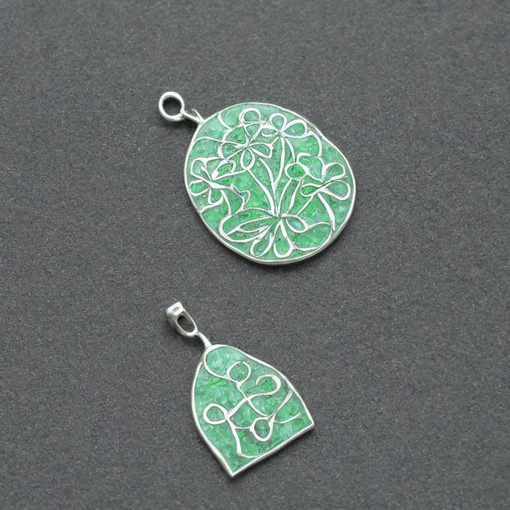 Image similar to Amulet Of Clover inlaid in silver light green colors, realistic, clean,