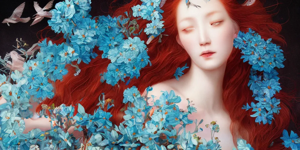 Image similar to breathtaking detailed concept art painting blend of two redhair goddess of light blue flowers by hsiao - ron cheng with anxious piercing eyes, vintage illustration pattern with bizarre compositions blend of flowers and fruits and birds by beto val and john james audubon, exquisite detail, extremely moody lighting, 8 k