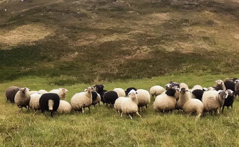 Image similar to “sheep, following other sheep, jumping off a cliff”