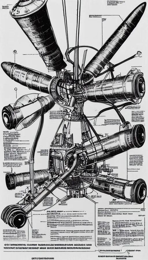 Image similar to technical drawings of 1 9 4 0's nuclear powered spaceship engine