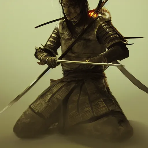 Image similar to Sickly diseased dying Samurai warrior wielding a katana, by Feng Zhu, highly detailed, excellent composition, cinematic concept art, dramatic lighting, trending on ArtStation