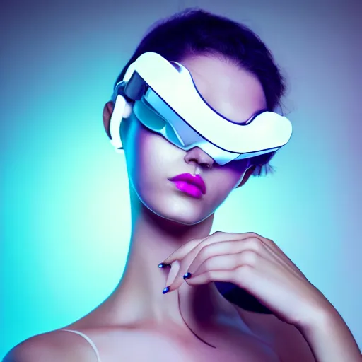 Image similar to high fashion photography of a model in neo futurism white sci - fi makup, wearing vr goggles, transparent cloth, beautifully lit