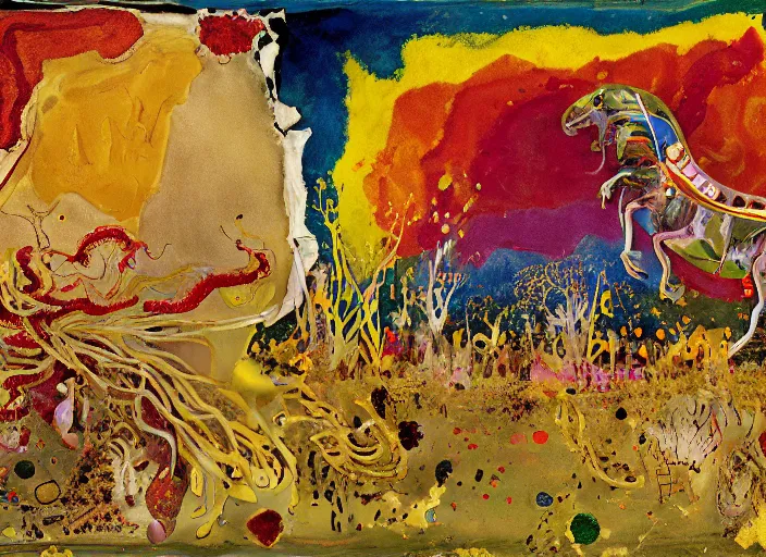 Image similar to expressionistic decollage painting golden armor alien zombie horseman riding on a crystal bone dragon broken rainbow diamond maggot horse in a blossoming meadow full of colorful mushrooms and golden foil toad blobs in a golden sunset, distant forest horizon, painted by Mark Rothko, Helen Frankenthaler, Danny Fox and Hilma af Klint, microsoft paint art, semiabstract, color field painting, byzantine art, jpeg compression artifact, pop art look, naive, outsider art, buff painting. Barnett Newman painting, part by Philip Guston and Frank Stella art by Adrian Ghenie, 8k, extreme detail, intricate detail, masterpiece