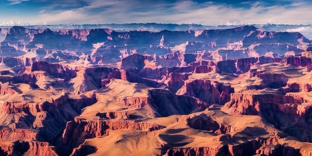 Image similar to drone shot photo of a landscape with mountains and grand canyons, wallpaper, very very wide shot, warm, national geographic, award landscape photography, professional landscape photography, sunny, day time, beautiful