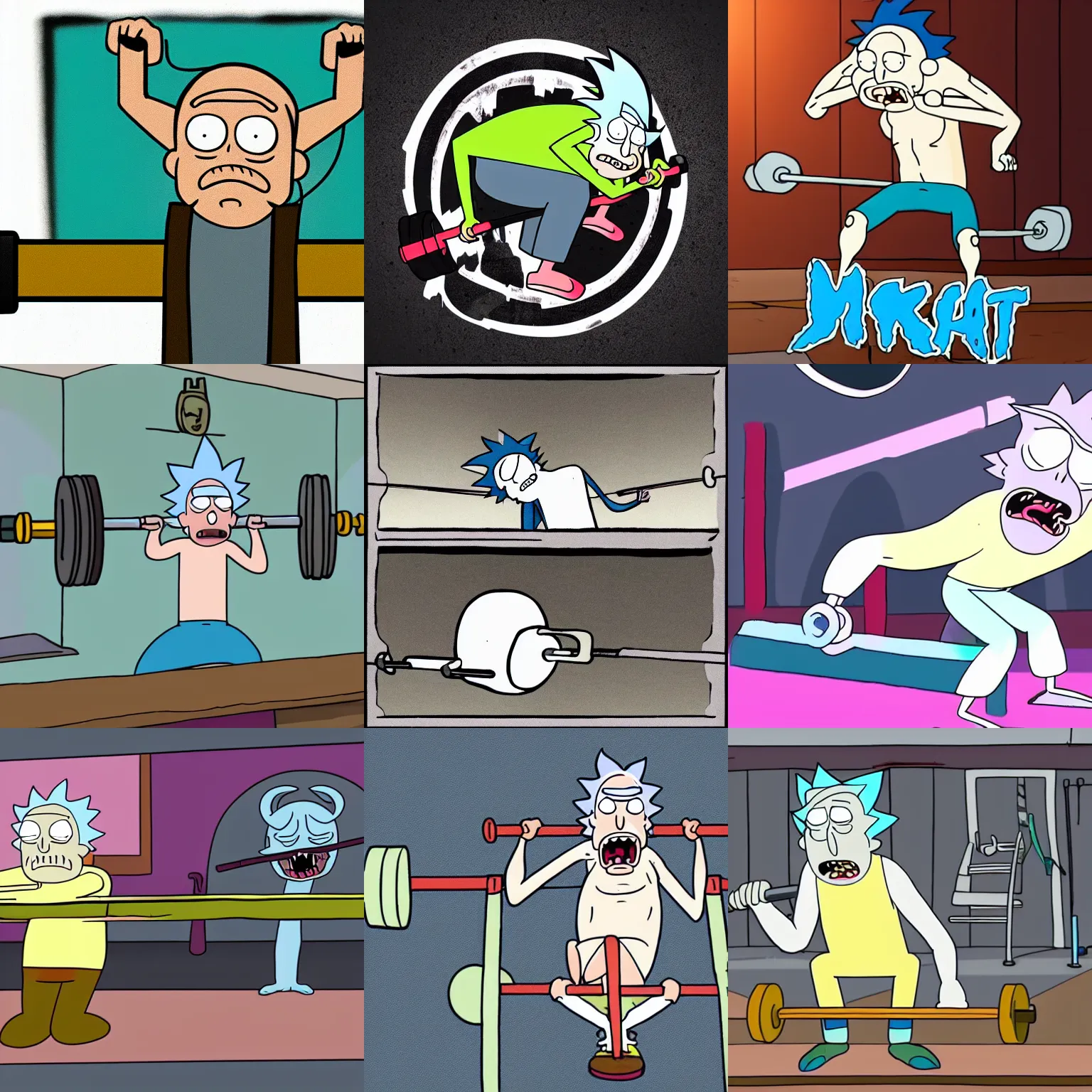 Prompt: a rat lifting weights on a bar, heavily sweating at the gym Infront of a mirror. Rick and Morty style logo