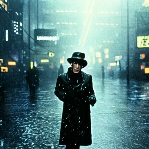 Image similar to David bowie in a rainy bladerunner city street, movie still 4k