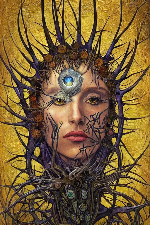 Image similar to Heart of Thorns by Karol Bak, Jean Deville, Gustav Klimt, and Vincent Van Gogh, anatomical heart, anatomically-correct sacred heart, Surreality, otherworldly, infernal enigma, Helliquary, fractal structures, celestial, arcane, ornate gilded medieval icon, third eye, spirals, dramatic sharp thorns, rich deep moody colors