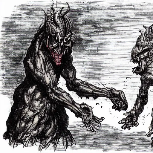 Prompt: two demons shaking hands and looking at the camera, dark, nightmare fuel, scary, horror,