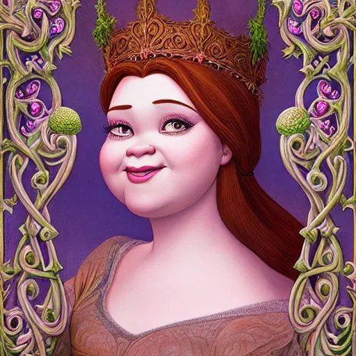 Image similar to a beautiful detailed front view portrait of princess fiona from shrek with ornate growing around, ornamentation, flowers, elegant, beautifully soft lit, by wayne barlowe, peter mohrbacher, kelly mckernan,