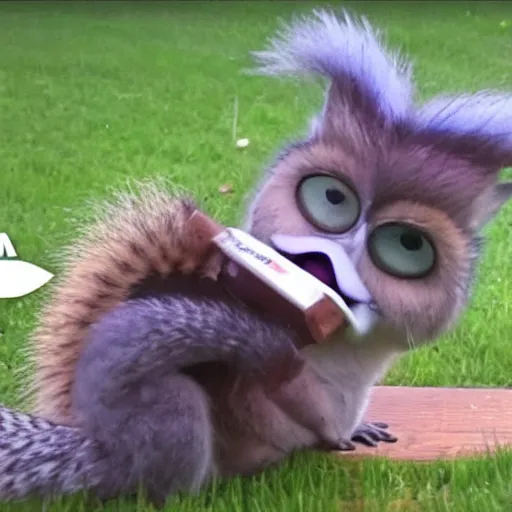 Image similar to trialcam footage of a long furby eating a squirrel