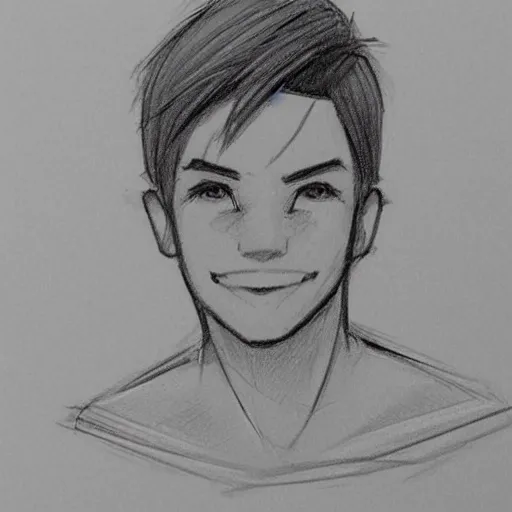 Image similar to sketch of a teenage boy with very short side part hair smiling trending on artstation