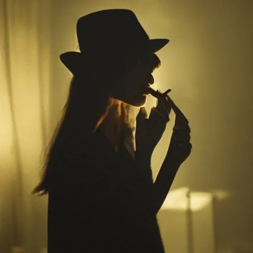 Prompt: a woman smoking a cigarette in a dark room, screenshot by martin scorsese, aestheticism, goth, dark and mysterious, filmic, a photorealistic painting by jerry weiss, shutterstock tumblr contest winner, naturalism, behance hd, shutterstock contest winner