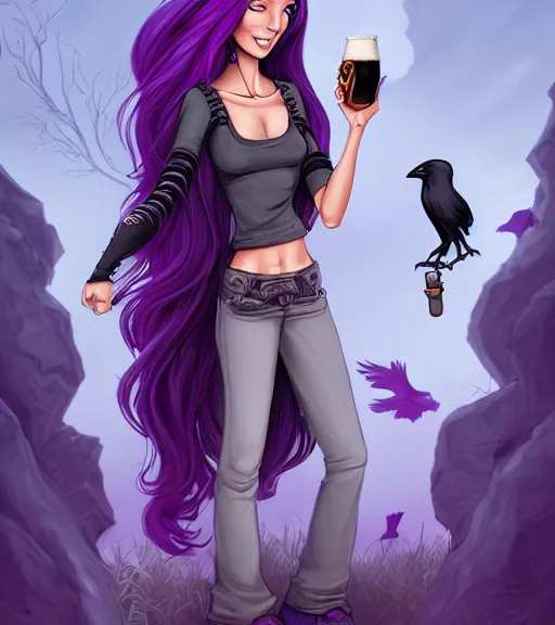 Prompt: thin white girl with long purple hair wearing a black t - shirt with skulls on the shirt and holding a beer standing next to a raven perched on a branch, tents in the background, full color digital illustration in the style of don bluth, artgerm, artstation trending, 4 k