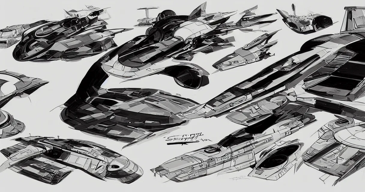 Prompt: concept sketches for a retro science-fiction space fighter Syd Mead