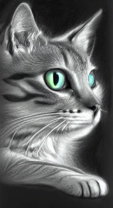 Image similar to highly detailed full body realistic pencil sketch of a beautiful cat with big green eyes in front of the universe