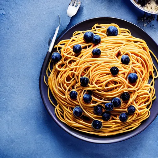 Prompt: spaghetti [ topped with blueberries ]!!, trending on unsplash, [ 4 k photorealism ]!!, professional photography, [ overhead view ]!, shot by jimmy nelson