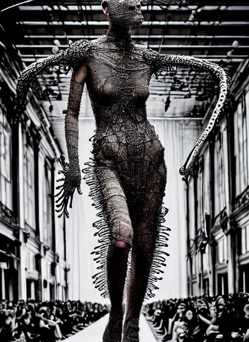 Image similar to walking down the catwalk, steven klein, show, stage, vogue photo, podium, fashion show photo, historical baroque dress, iris van herpen, beautiful woman, full body shot, masterpiece, intricate, wires, veins, jellyfishs, biopunk, guyver, highly detailed