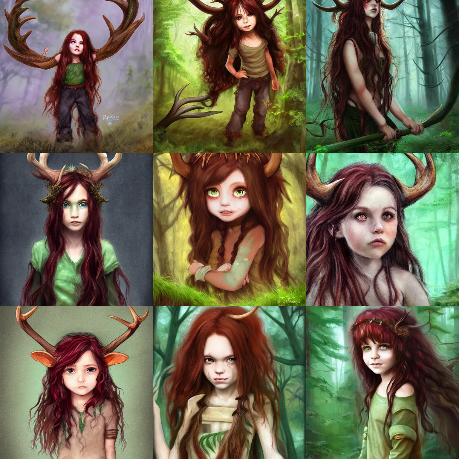 Prompt: small shifter child of the forest with long dark red hair wavy hair, tonned skin, ragged green forest clothes, ram antlers, fangs, big brown eyes, fantasy setting, realistic, digital painting, epic, detailed, high - fantasy