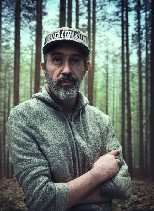 Prompt: portrait of a rugged man standing in a forest, highly detailed, cinematic lighting, close up, volumetric, realistic, photograph by elliott & fry