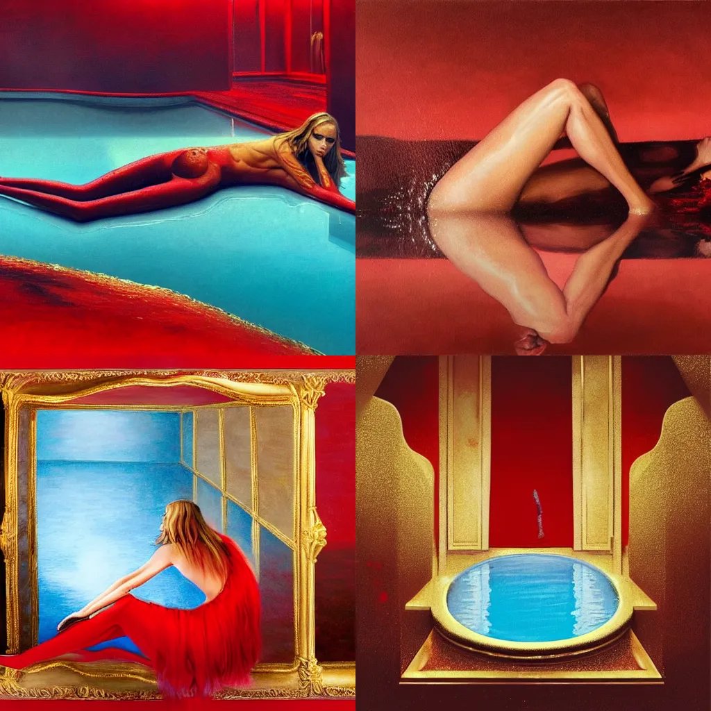 Prompt: Cara Delevigne full body laying in a blood red pool of water between a golden mirror frame, outside is space and inside the mirror frame is a beautiful landscape. Hyperrealistic surreal 4K IMAX Rene Margritte intricate, elegant, highly detailed, digital painting, artstation, concept art, smooth, sharp focus, illustration, art by artgerm and greg rutkowski and alphonse mucha