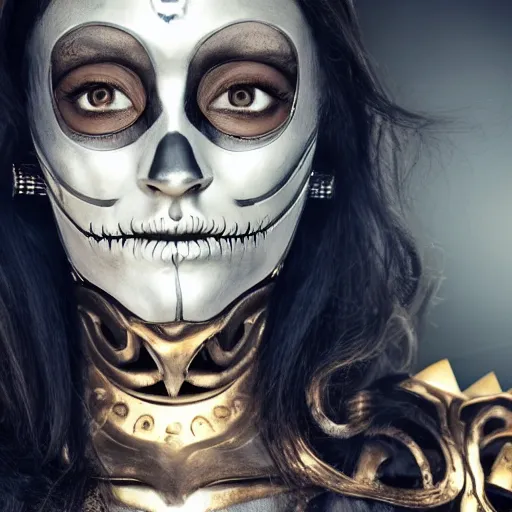 Image similar to A new dark hero for blockbuster movies. A beautiful woman wearing a silver skeletal mask, with an ancients, ultra-detailed pattern. Attractive eyes. A fearless smile. Blurred background. Earrings. Golden