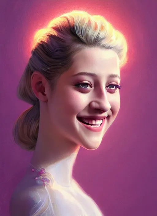 Image similar to portrait of lili reinhart with fluffy bangs, smiling kindly, bangs, 1 9 6 0 s, ponytail, curly bangs and ponytail, intricate, elegant, glowing lights, highly detailed, digital painting, artstation, concept art, smooth, sharp focus, illustration, art by wlop, mars ravelo and greg rutkowski