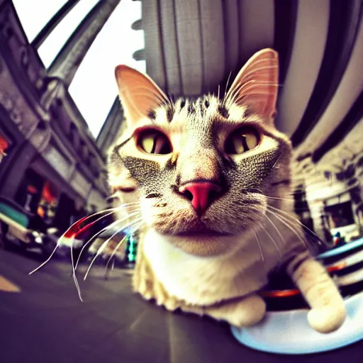 Prompt: cat that can do everything fisheye, retro, motivation