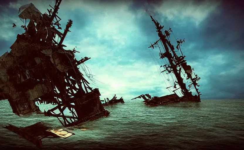 Image similar to “Pirate ship wreck falling off a Floating island from the sky, 4k, cinematic, award winning”