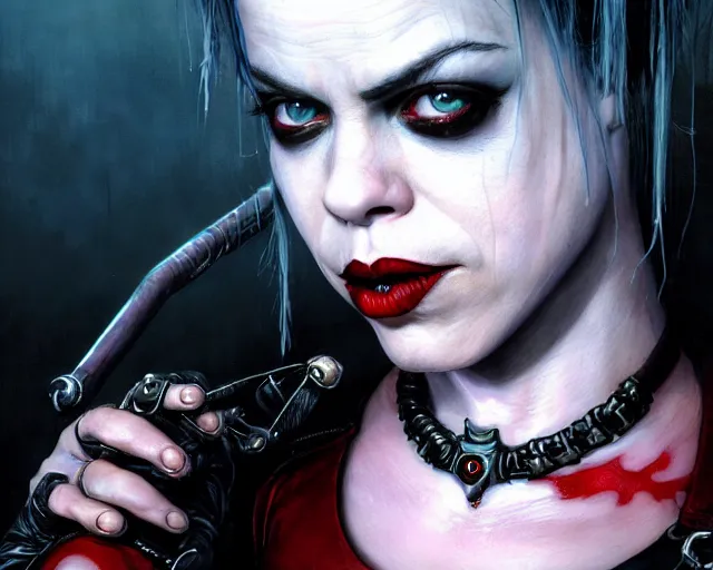 Image similar to highly detailed portrait of fairuza balk carter as harley quinn, in batman : arkham knight, stephen bliss, unreal engine, fantasy art by greg rutkowski, loish, rhads, ferdinand knab, makoto shinkai and lois van baarle, ilya kuvshinov, rossdraws, tom bagshaw, global illumination, radiant light, detailed and intricate environment