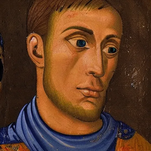 Image similar to A 11th century Italo-Byzantine painting of Jerma985, portrait of Jerma985, grainy, realistic, very realistic, hyperrealistic, highly detailed, very detailed, extremely detailed, very neat, very epic, very cool, detailed, trending on artstation