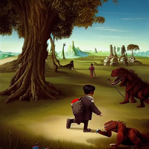 Image similar to dream a kid at the park walking a trex on a leash, renaissance oil painting by George Lucas and Jarosław Jaśnikowski and Dan Mumford, hyperralistic, hyperdetailed