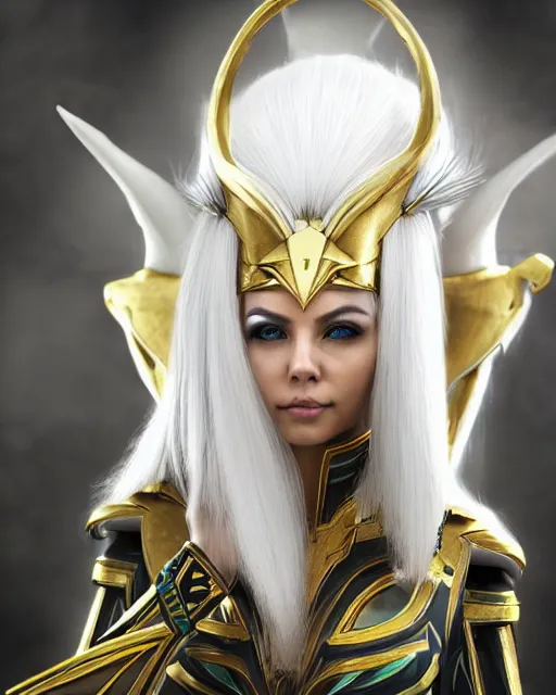 Image similar to perfect white haired attractive egyptian goddess, warframe armor, pharaoh headdress, beautiful, symmetric, dreamy, half asian, pretty face, green eyes, charlize theron, detailed, scifi platform, laboratory, experiment, 4 k, ultra realistic, epic lighting, android body, illuminated, cinematic, masterpiece, art by akihito tsukushi, voidstar