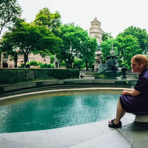 Prompt: a woman in maid uniform is sitting on a edge of a fountain in park, 8k, photo taken with Sony a7R camera