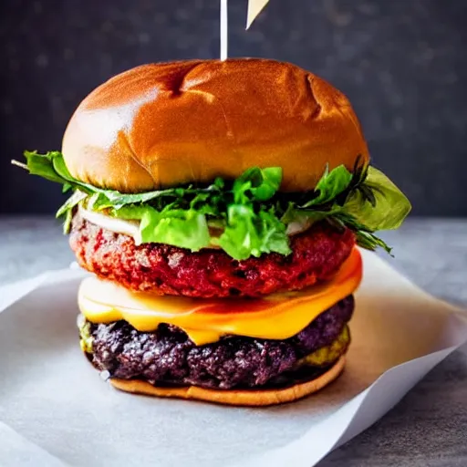 Image similar to colossal tall burger, stacked, award winning food photography, golden hour, holy