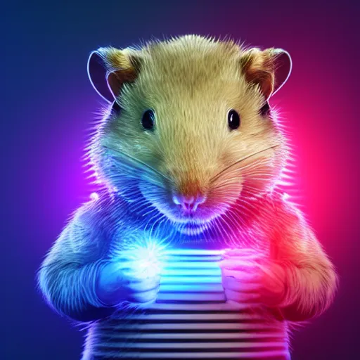 Image similar to cyberpunk hamster! holding rainbow! gem! crystal, neon lights, light reflection, 8 k, hd