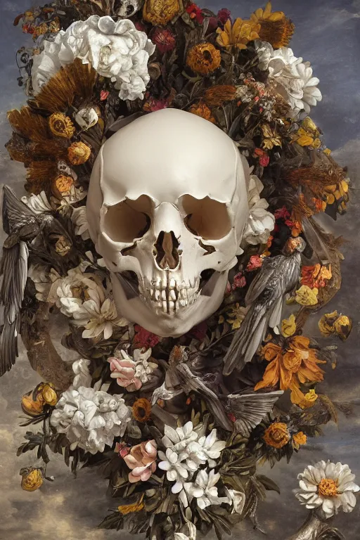 Image similar to A fallen icarus with a giant cyclops eye and golden wings in the form of a Greek sculpture, marble white elk skull, wreath of flowers and abstract eyes, bouquet of bones, many large flying eyes, silk, fabric, birds, flowers. baroque elements, human skull. full-length view. baroque element. intricate artwork by caravaggio. many many birds birds on background. Trending on artstation. halo. octane render, cinematic, hyper realism, octane render, 8k, depth of field, 3D