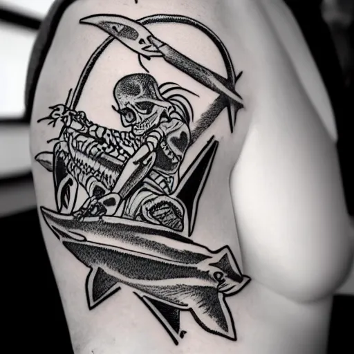 Image similar to flash tattoo of skeleton riding rocket in the shape of shark, black and white by sailor jerry, curt montgomery, bangbangnyc, ryan ashley, killkenny